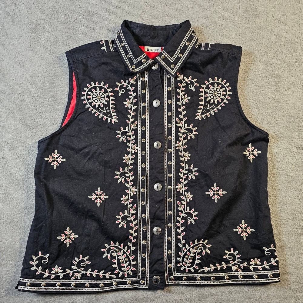 Units‎ Womens XL Black Embroidered Studded Button Front Vest Paisley Red Lining
